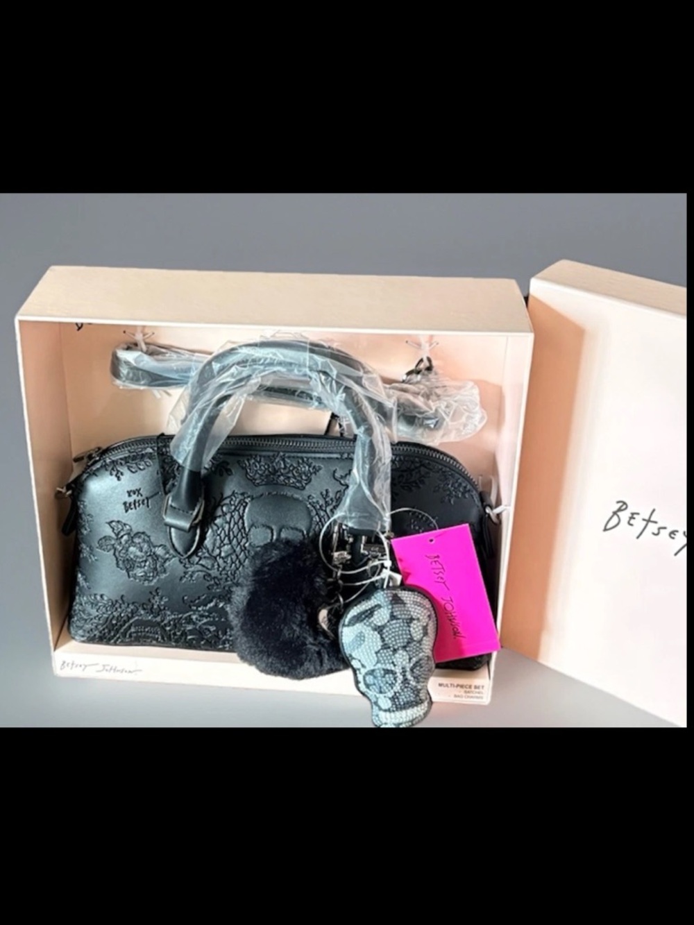 NWT Betsey Johnson Black Crossbody Satchel Heart Skull Charm Original Box